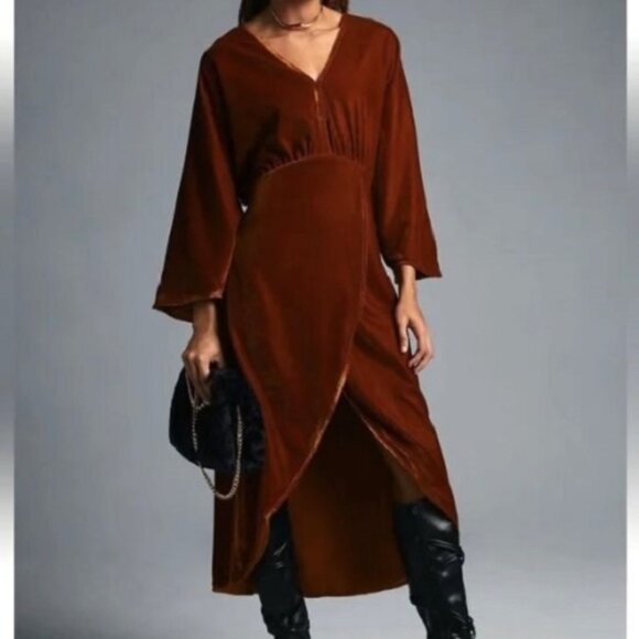 NWT Anthropologie Let Me Be Asymmetrical Velvet Midi Dress MP Petite Holiday - Picture 2 of 14
